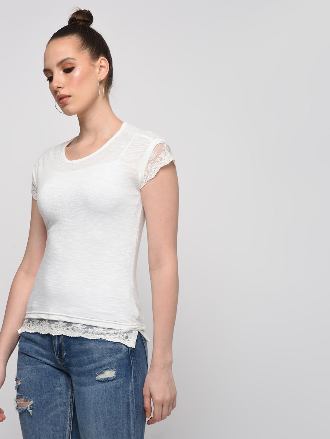 lace trim cap sleeved top - 16072354 - Zoom Image - 3