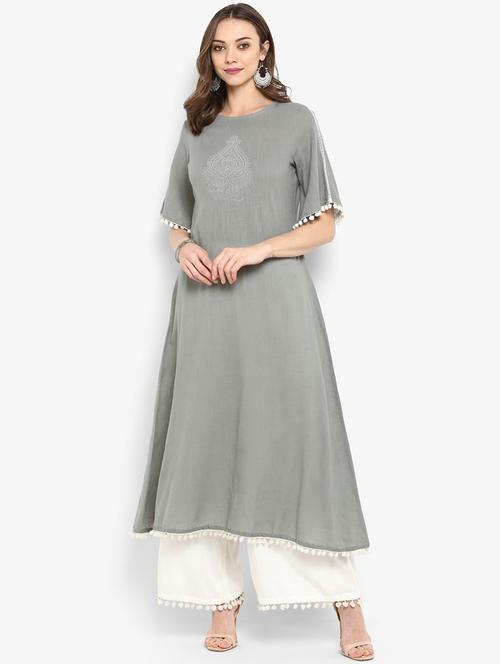 ethnic motif solid kurta with palazzo set - 16077701 - Standard Image - 1