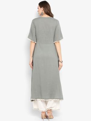 ethnic motif solid kurta with palazzo set - 16077701 - Standard Image - 3