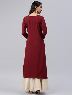 Maroon Printed straight kurta - 16088991 - Standard Image - 3