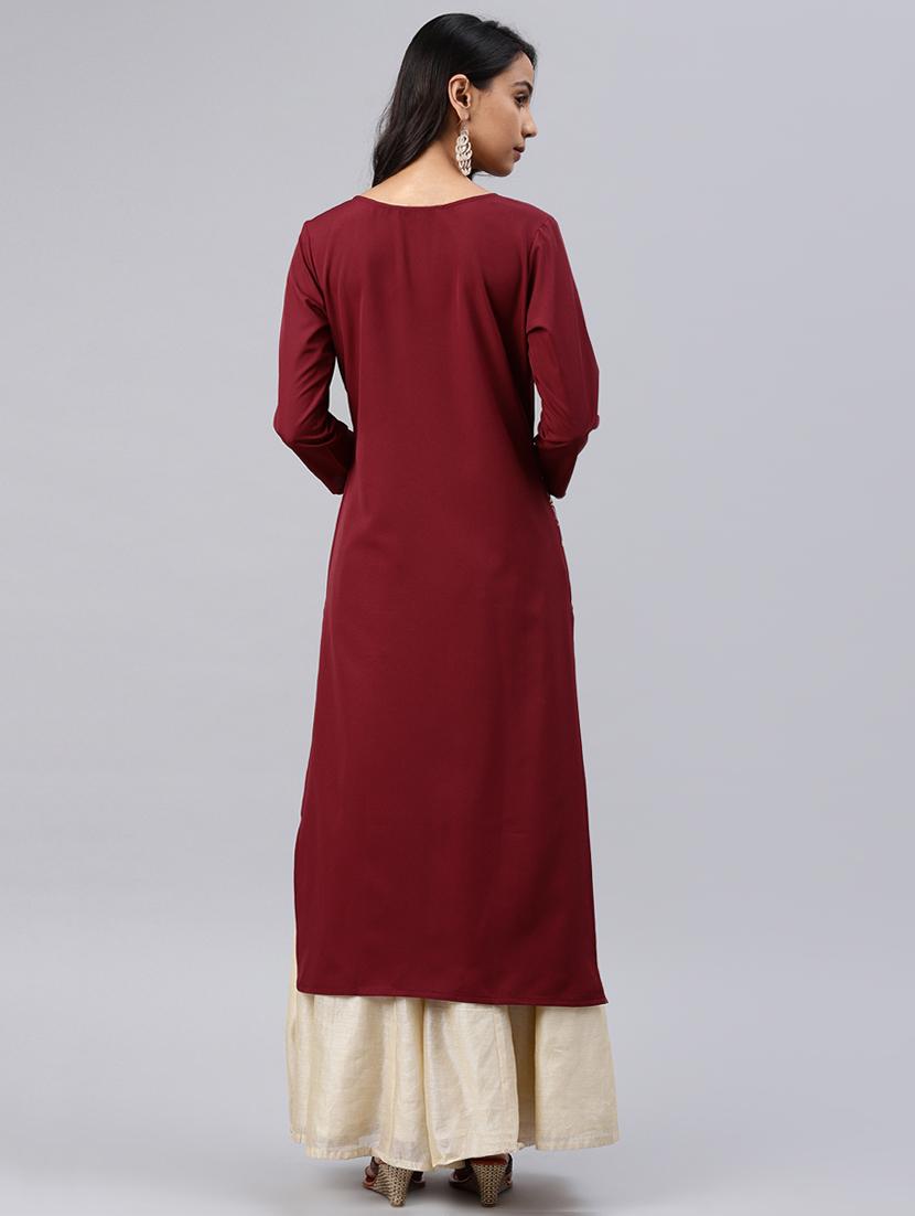 Maroon Printed straight kurta - 16088991 - Zoom Image - 3