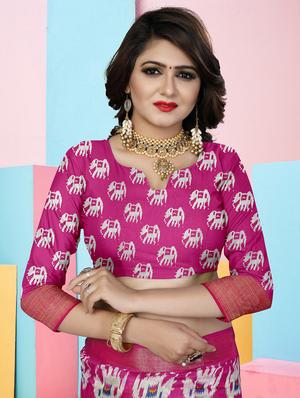 contrast zari border ikat saree with blouse - 16097356 - Standard Image - 3