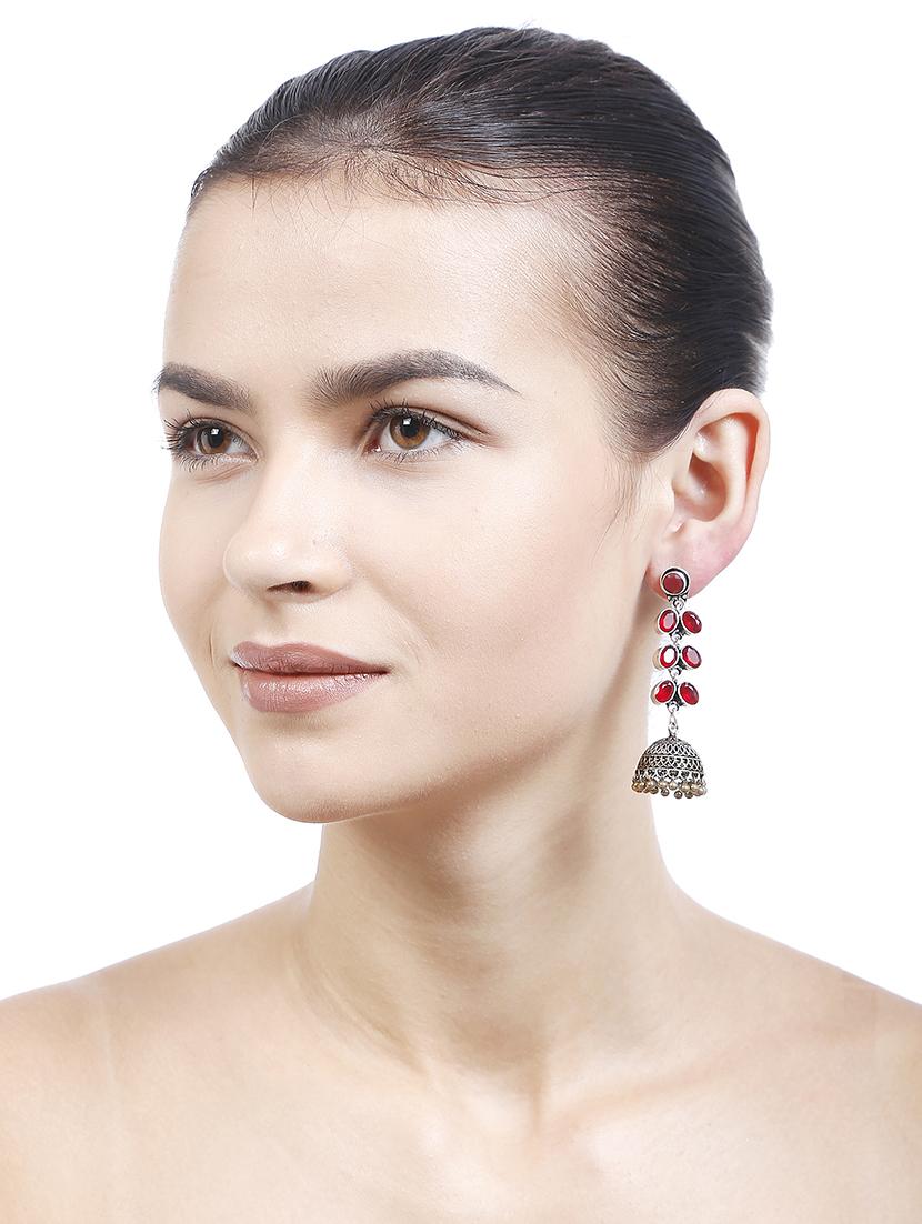 red metal jhumka earring - 16100827 - Zoom Image - 3