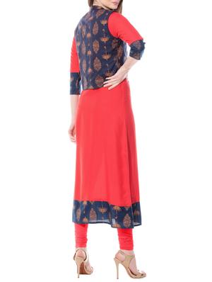 red straight kurta with printed jacket - 16121088 - Standard Image - 3