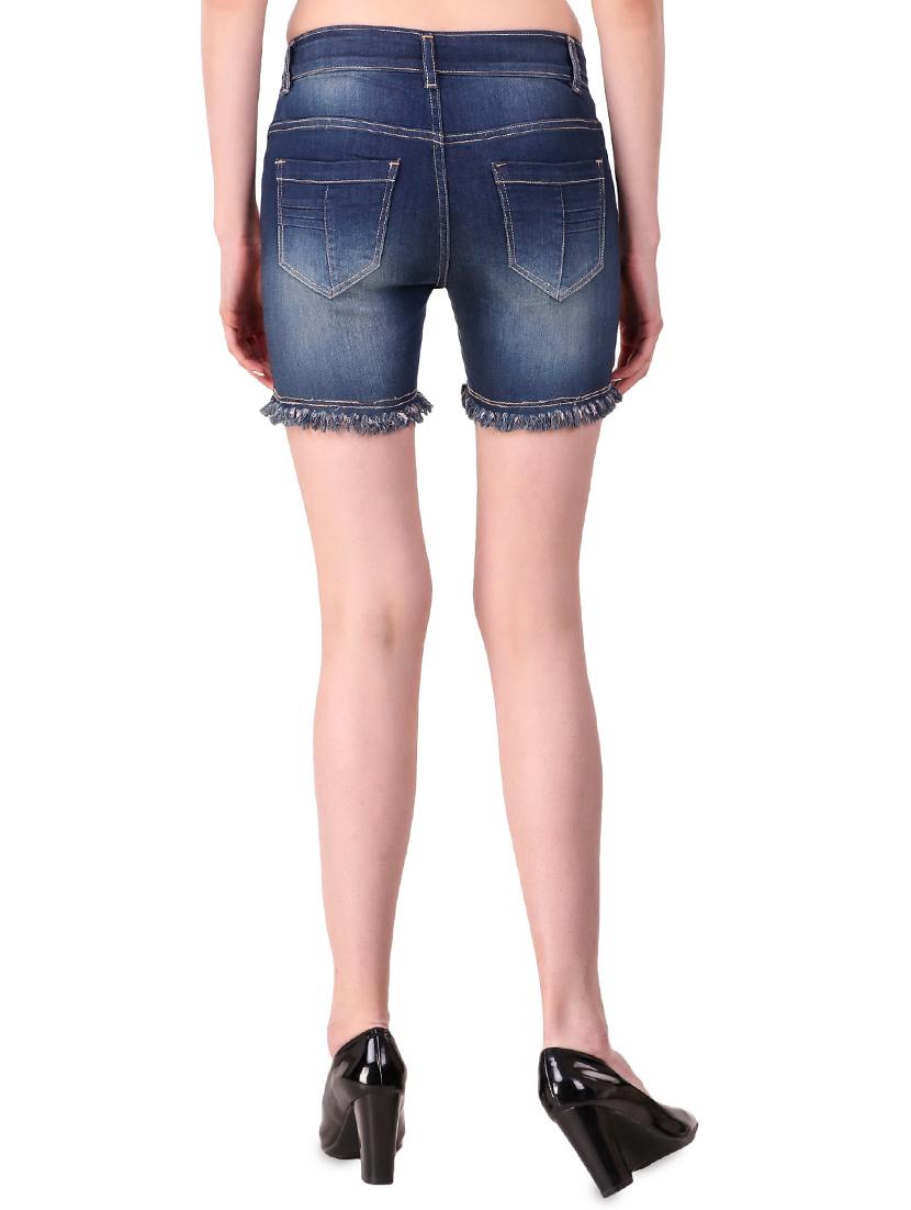 frayed hem side taped denim shorts - 16131905 - Zoom Image - 3