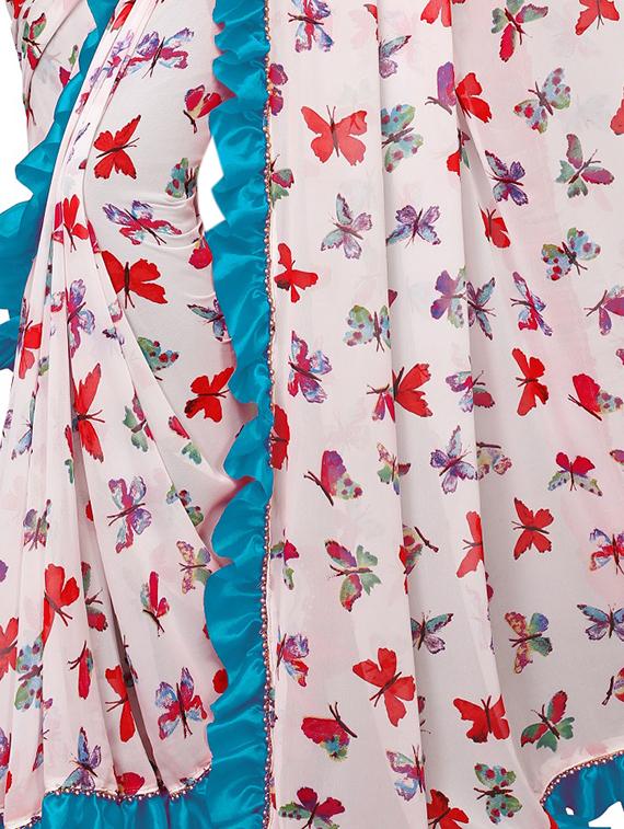conversational ruffle border fusion saree with blouse - 16137093 - Zoom Image - 3