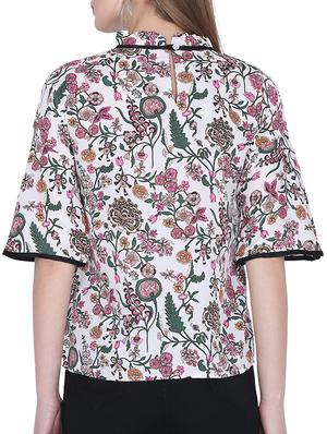 contrast piped tie up neck floral top - 16142765 - Standard Image - 3