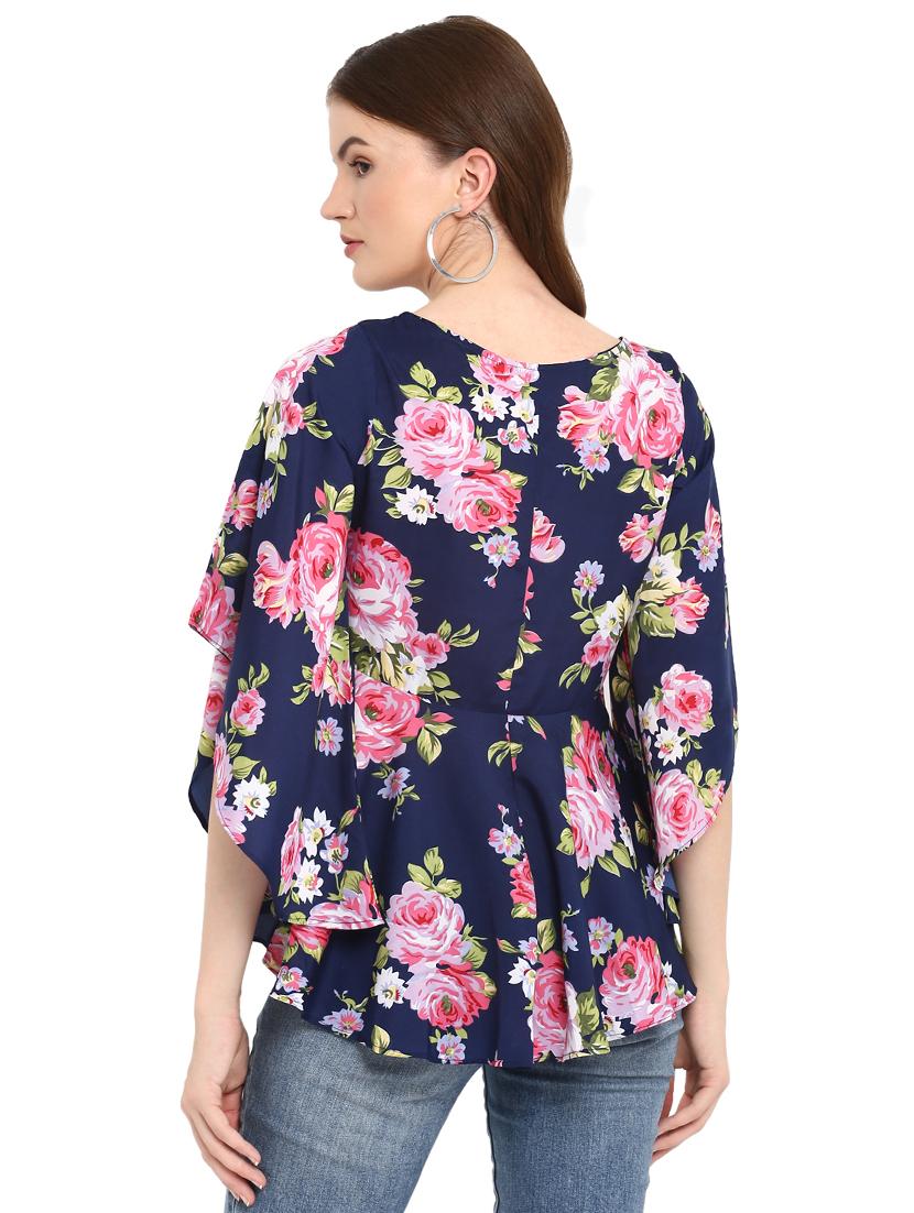 flared sleeved floral asymmetric top - 16159192 - Zoom Image - 3