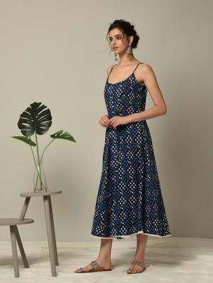 blue geometrical printed layered ethnic dress - 16167240 - Standard Image - 3