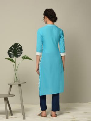 sky blue embroidered straight kurta - 16167262 - Standard Image - 3