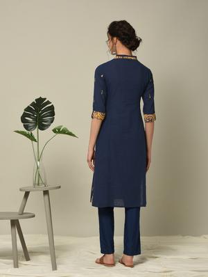 navy embroidered straight kurta - 16167265 - Standard Image - 3