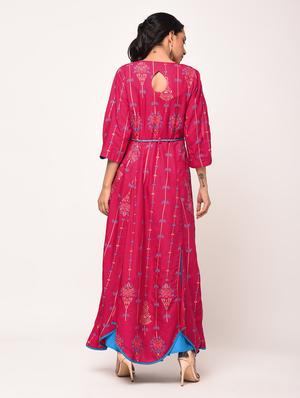 foil printed flared kurta with waist belt - 16173054 - Standard Image - 3