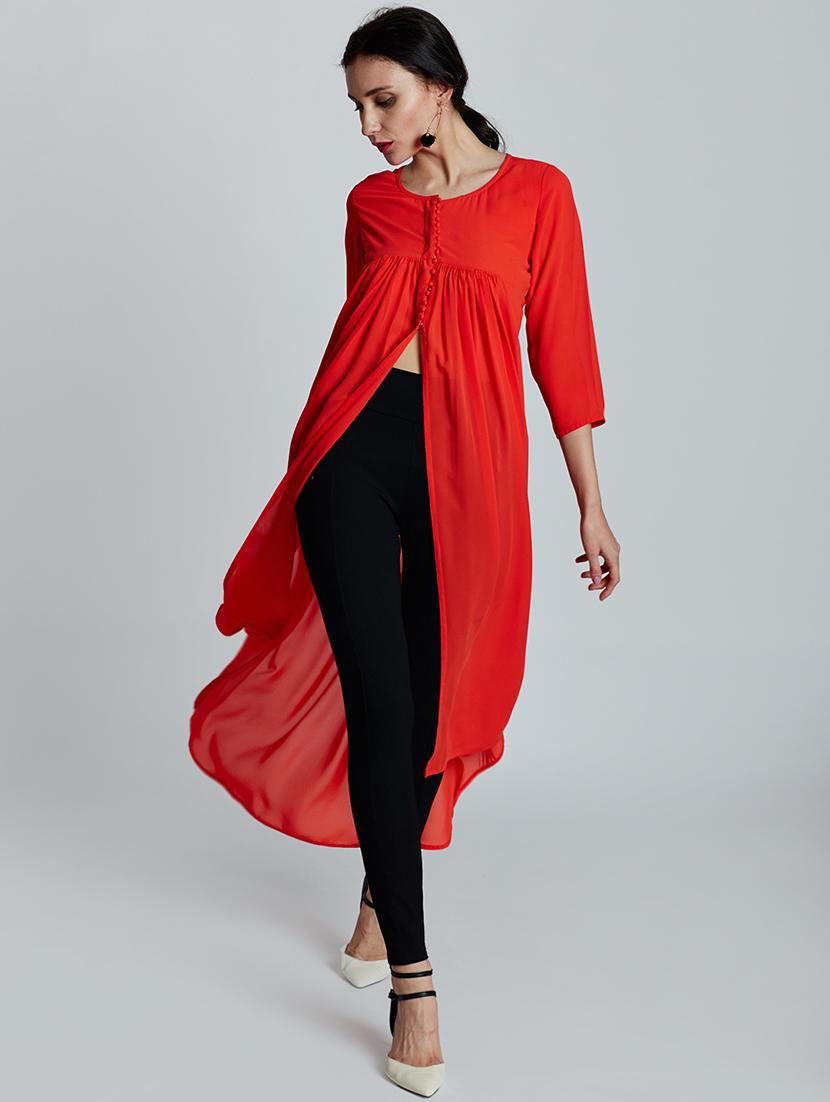 solid high slit kurta - 16200796 - Zoom Image - 3
