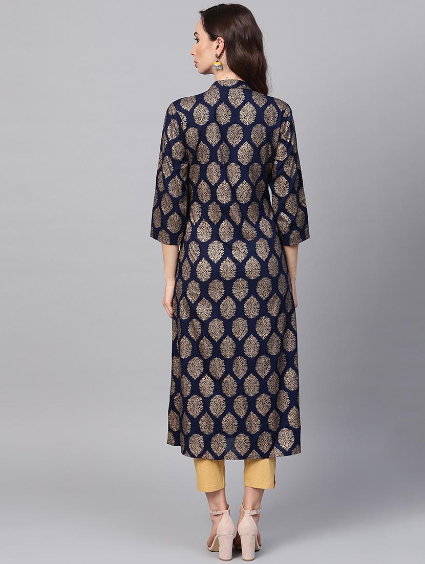 Foil Printed A-Line Kurta - 16215899 - Zoom Image - 3