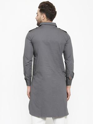 grey solid pathani kurta - 16226439 - Standard Image - 3