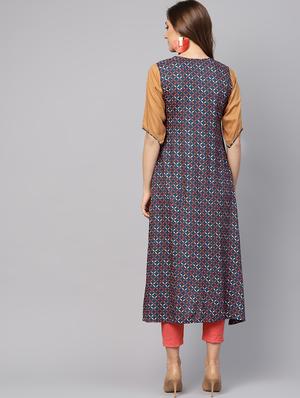 solid kurta with geometrical printed jacket - 16231943 - Standard Image - 3