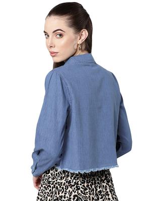 frayed hem denim crop shirt - 16235236 - Standard Image - 3