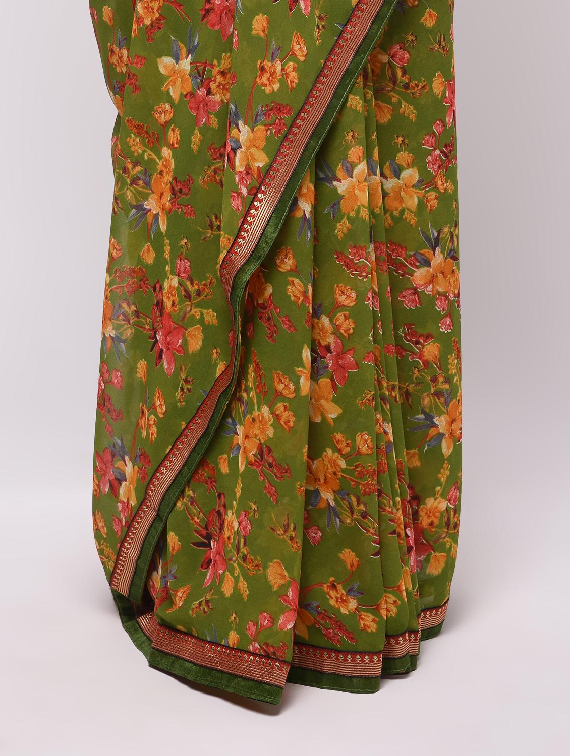 zari bordered floral saree with blouse - 16236738 - Zoom Image - 3