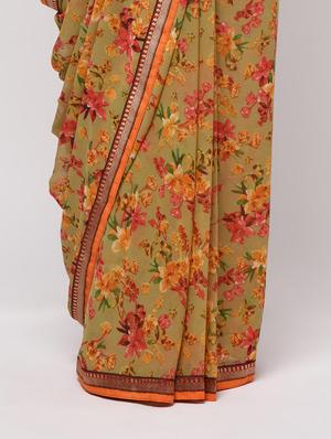 zari bordered floral saree with blouse - 16236740 - Standard Image - 3