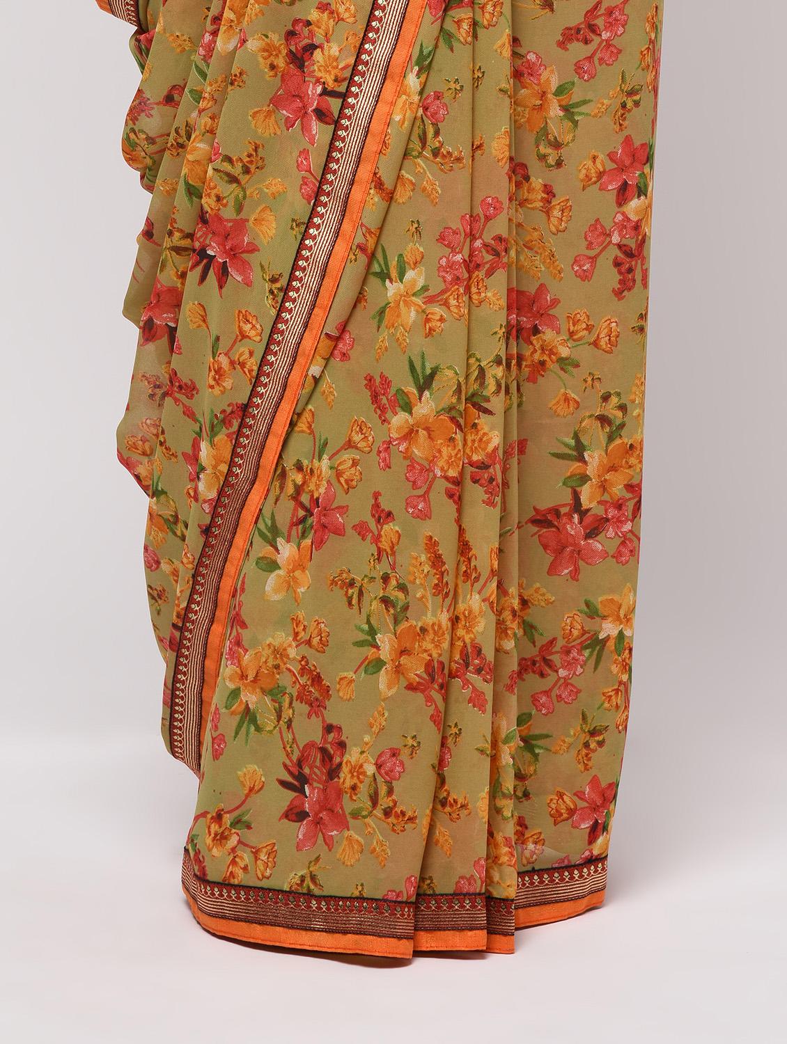 zari bordered floral saree with blouse - 16236740 - Zoom Image - 3