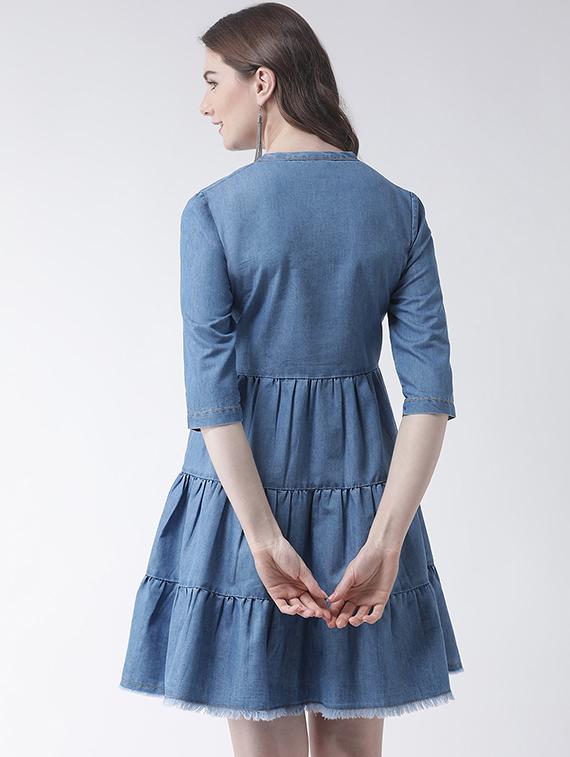 fringed hem gathered dress - 16236816 - Zoom Image - 3