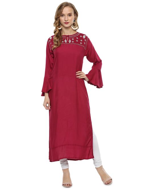 Embroidered bell sleeved straight kurta - 16241333 - Standard Image - 1