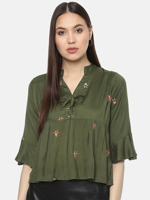 tie knot neck embroidered top - 16256412 - Standard Image - 1