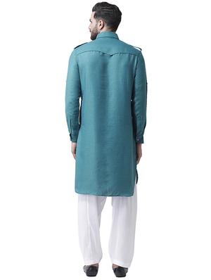 blue silk blend pathani kurta - 16263897 - Standard Image - 3
