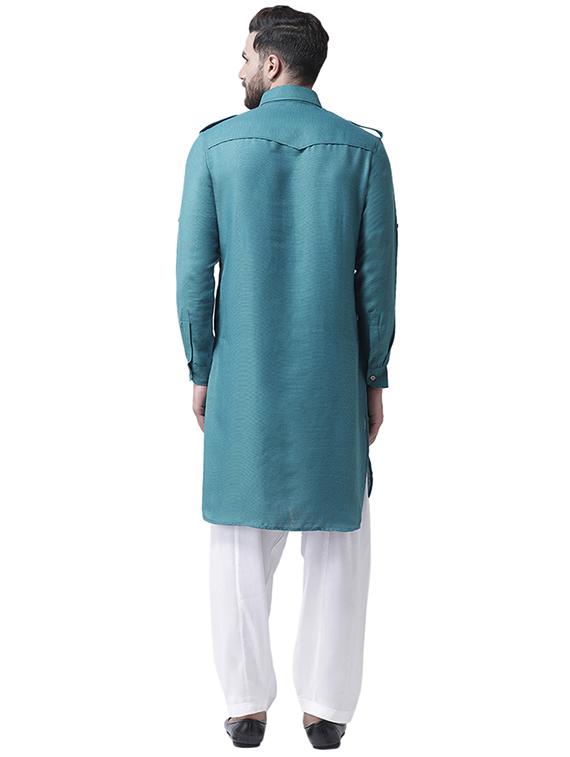 blue silk blend pathani kurta - 16263897 - Zoom Image - 3