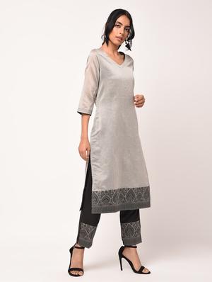 jacquard motif kurta pant dupatta suit set - 16283632 - Standard Image - 3