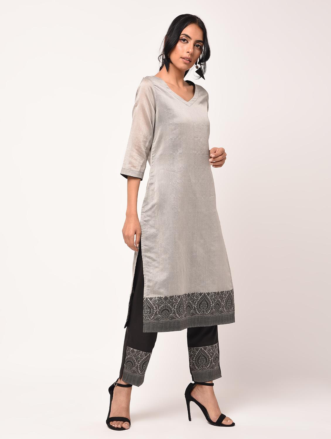 jacquard motif kurta pant dupatta suit set - 16283632 - Zoom Image - 3