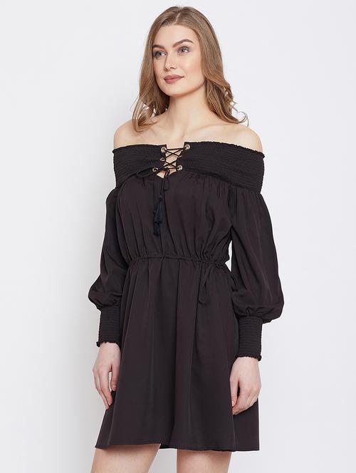 lace up detail off shoulder a-line dress - 16308819 - Standard Image - 1