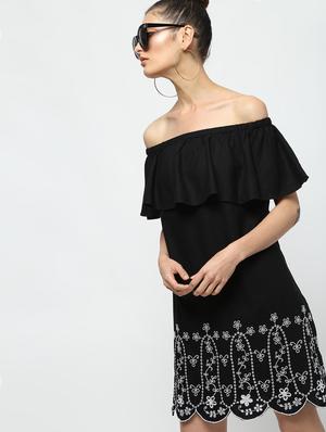 scallop hem off shoulder sheath dress - 16311649 - Standard Image - 3