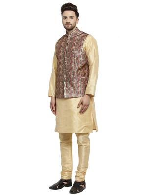 gold silk blend kurta pyjama set with nehru jacket - 16315922 - Standard Image - 3