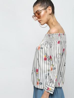 off shoulder striped blouson top - 16320263 - Standard Image - 3