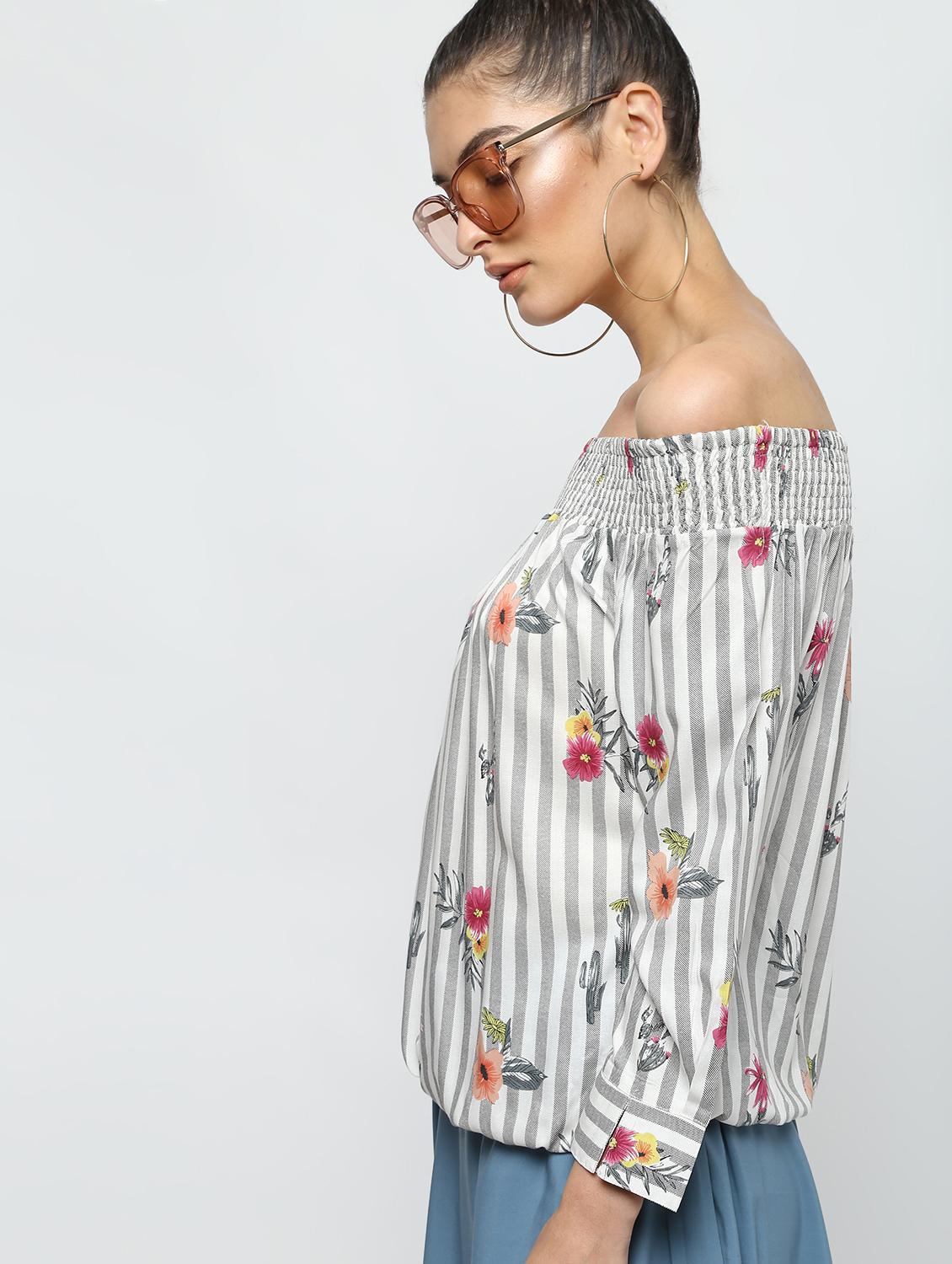 off shoulder striped blouson top - 16320263 - Zoom Image - 3
