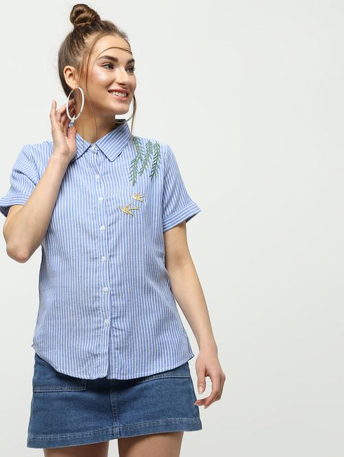 short sleeved embroidered striped shirt - 16320270 - Standard Image - 1