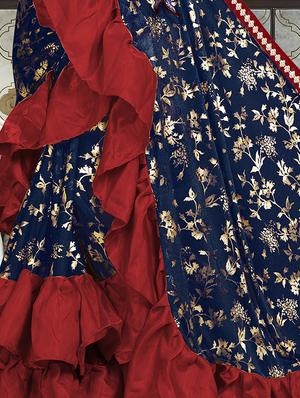 foil printed ruffle border fusion saree with blouse - 16328917 - Standard Image - 3