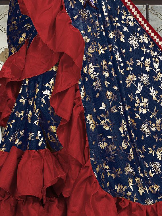 foil printed ruffle border fusion saree with blouse - 16328917 - Zoom Image - 3