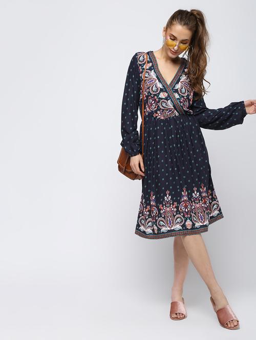 overlap neck floral a-line dress - 16336451 - Standard Image - 1