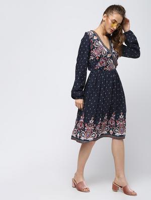 overlap neck floral a-line dress - 16336451 - Standard Image - 3