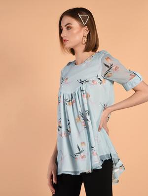 short sleeved gathered high low top - 16342208 - Standard Image - 3