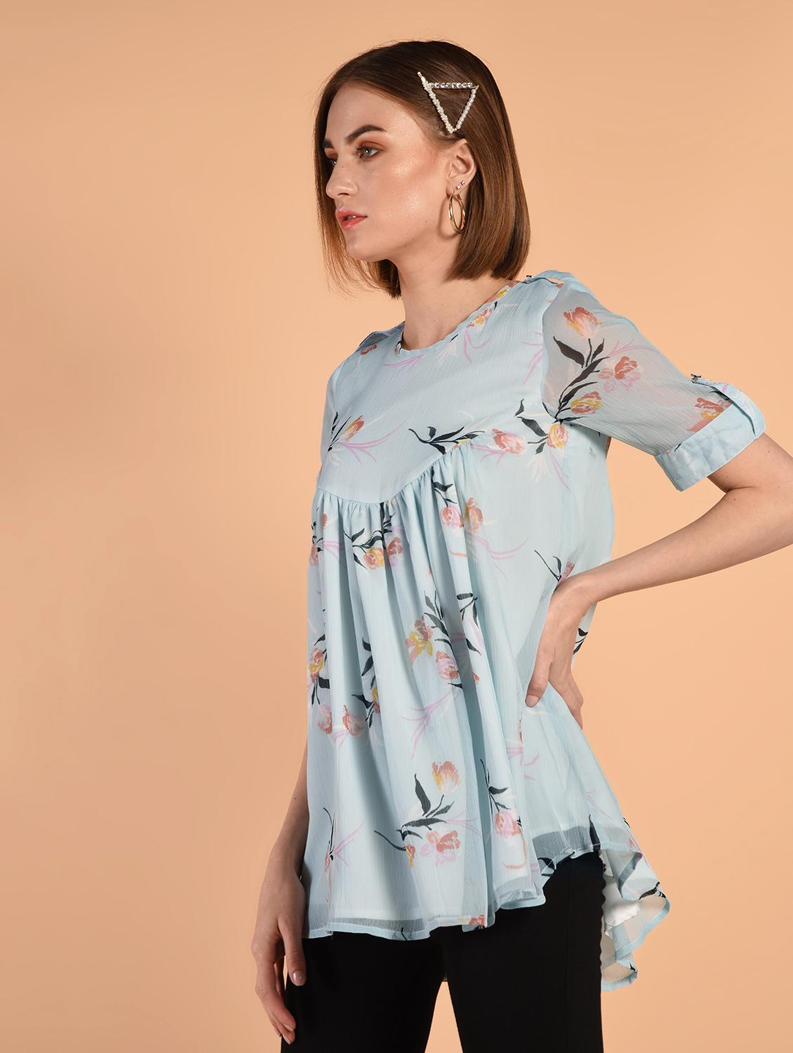 short sleeved gathered high low top - 16342208 - Zoom Image - 3