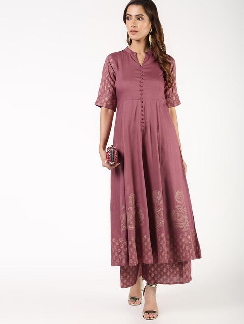 block print flared kurta with palazzo set - 16343587 - Standard Image - 1