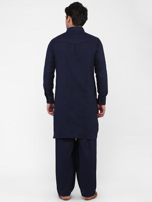 navy blue solid pathani set - 16346901 - Standard Image - 3