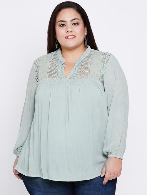 lace detail mandarin neck plus top - 16348933 - Standard Image - 1