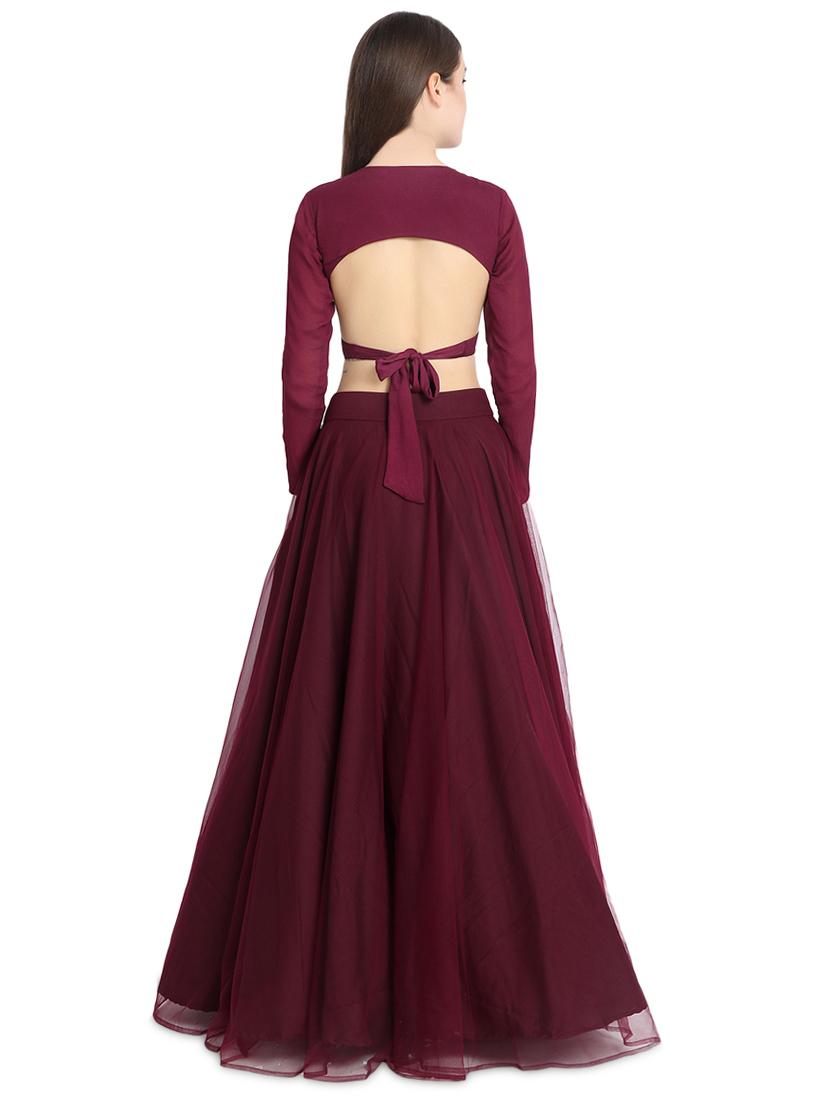 wine solid a-line lehenga - 16358810 - Zoom Image - 3