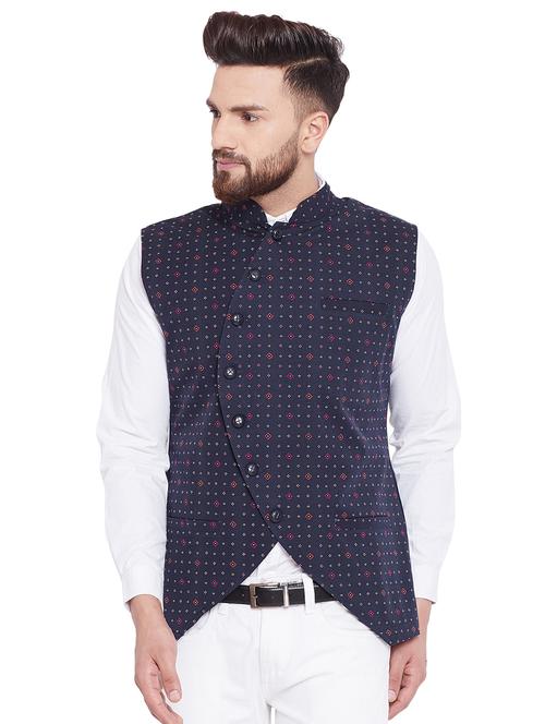 navy blue printed nehru jacket - 16375300 - Standard Image - 1