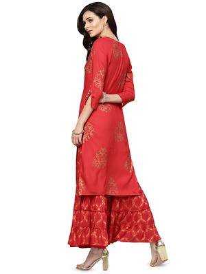 gold printed kurta with palazzo set - 16377376 - Standard Image - 3