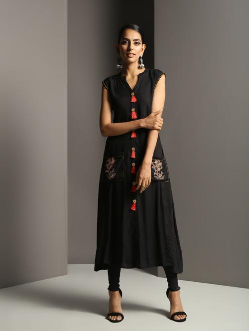 block print a-line kurta with tassels - 16378846 - Standard Image - 1